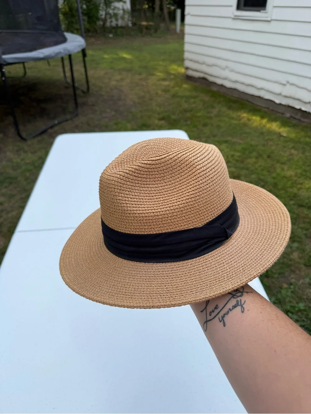 Women’s Tan Straw Fedora Hat with Black Band